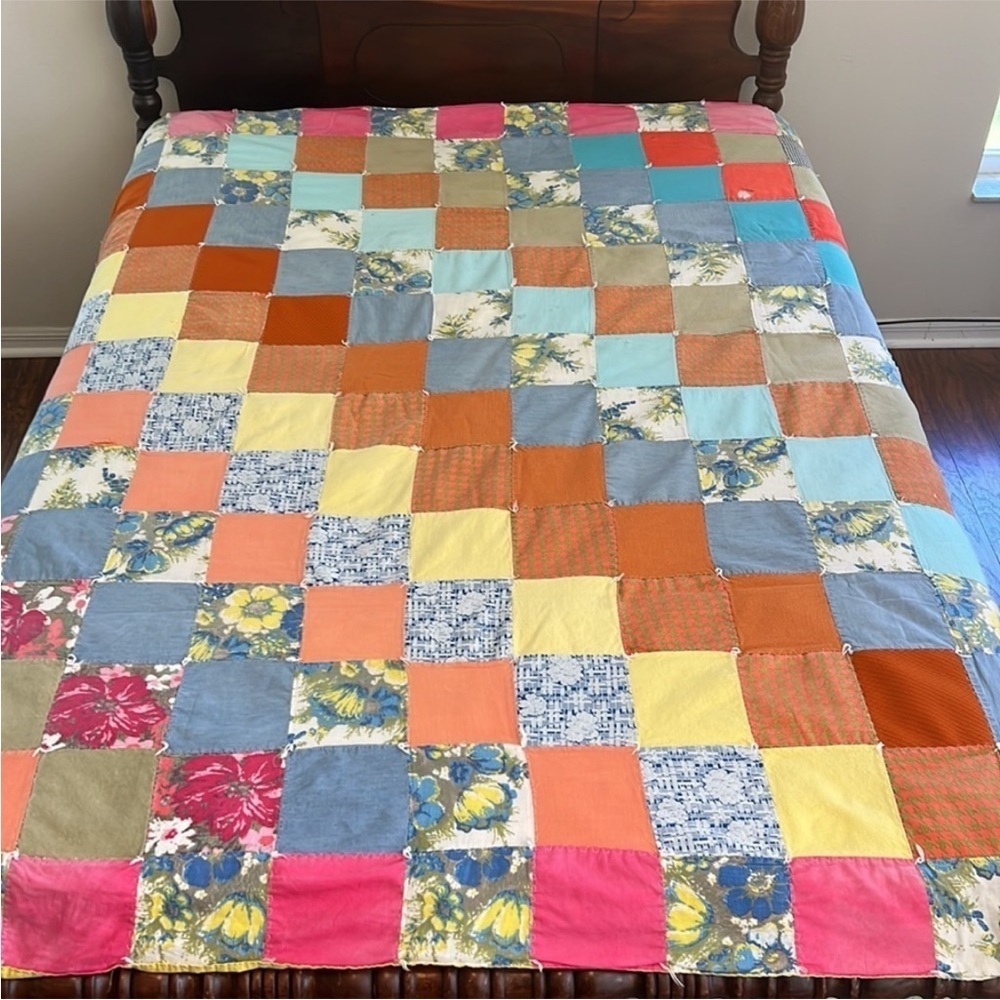 Vintage Patchwork Quilt Blanket Multi Print Throw 76” x 70”
